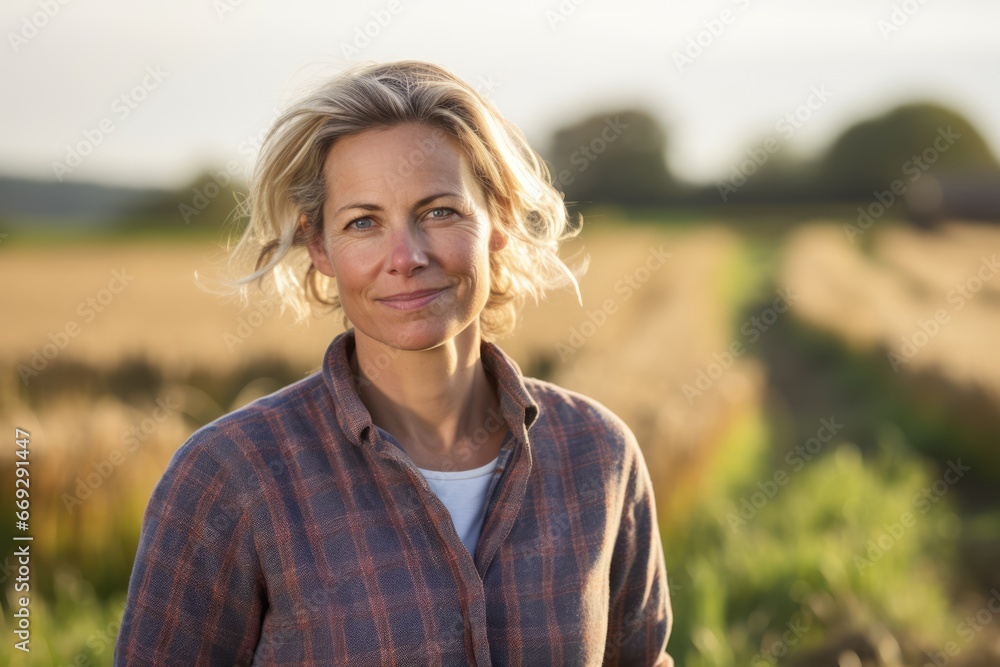 A middle age woman farmer looking at camera with harvesting organic field in the background. A middle age woman farmer looking at camera with harvesting organic field in the background.
