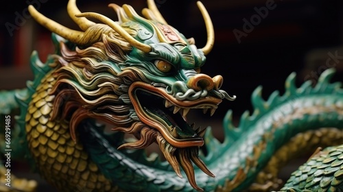 Green wooden dragon statuette background. Happy Chinese New Year 2024 celebration concept. Traditional Asian dragon zodiac sign..