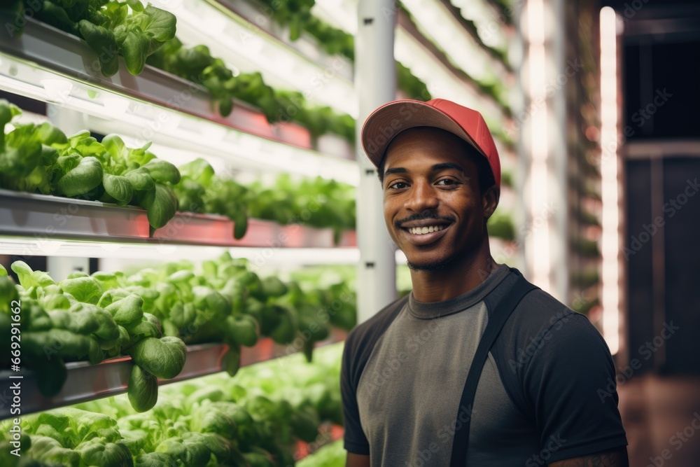 A smiling farmer young black man on a high-tech vertical farm facility. A smiling farmer young black man on a high-tech vertical farm facility.