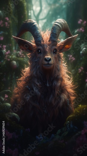 Goat fluffy flower garden animal plants illustration picture AI generated art © Biplob