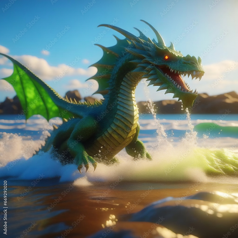 A green dragon coming out of the water.