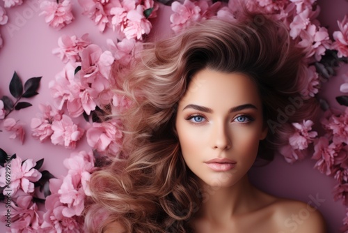 Portrait of a brunette girl with pink flowers in her hair and professional makeup  on a studio pink background with copy space. The concept of naturalness of cosmetic products and cosmetology.