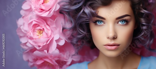 Portrait of a brunette girl with pink flowers in her hair and professional makeup, on a studio pink background with copy space. The concept of naturalness of cosmetic products and cosmetology.