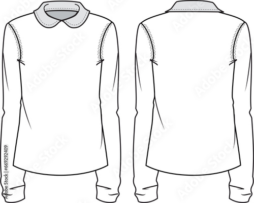 Women's Fitted Jumper With Collar. Technical fashion illustration. Front and back, white colour. Women's CAD mock-up.
