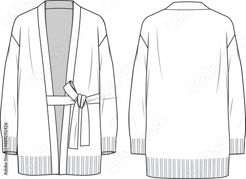 Women's Front Wrap Closure, Self Tie Cardigan. Technical fashion illustration. Front and back, white colour. Women's CAD mock-up.