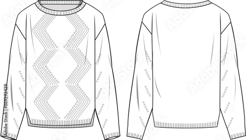 Women's Fully Fashioned Detail Jumper. Technical fashion illustration. Front and back, white colour. Women's CAD mock-up.