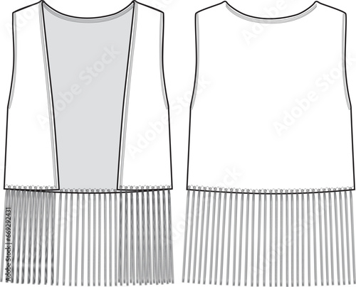 Women's Fringe Detail Sleeveless Waistcoat. Technical fashion top illustration. Flat apparel top template front and back, white color. Women's CAD mock-up.
