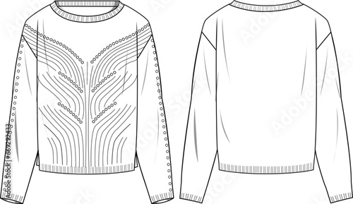 Women's Fully Fashioned Detail Jumper. Technical fashion illustration. Front and back, white colour. Women's CAD mock-up.