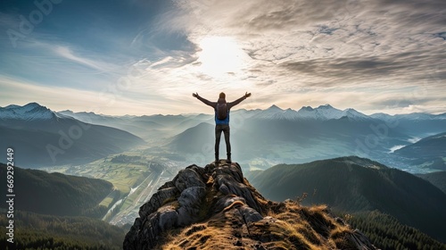 A man stands on the top of a mountain with his hands raised © cherezoff