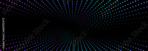 Flowing dot particles wave pattern blue and green gradient light isolated on black background. Vector in concept of AI technology, science, music.