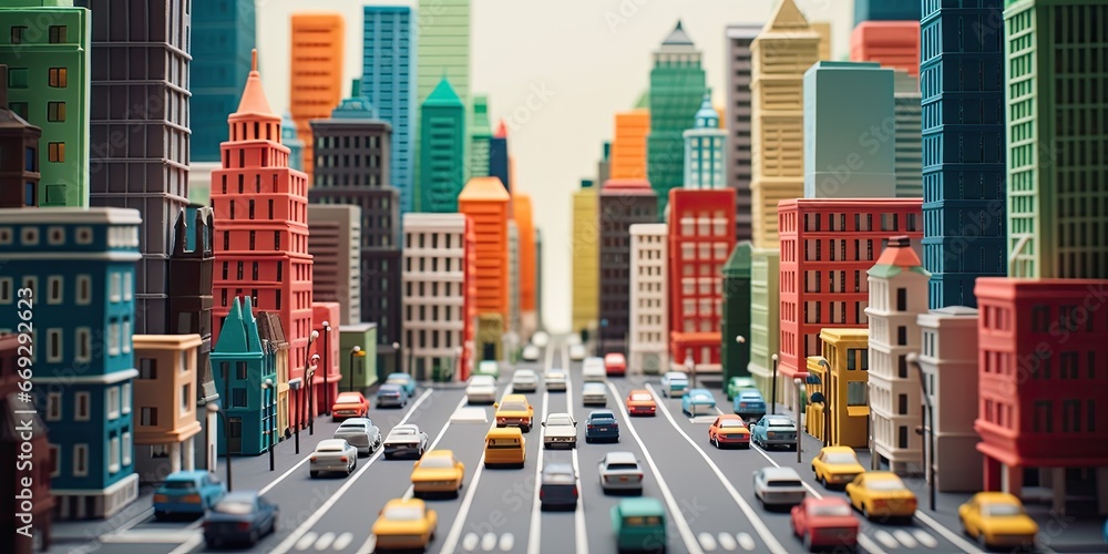 City street with skyscrapers made from plasticine 3d