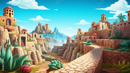 ancient Inca city in 3D cartoon empty background