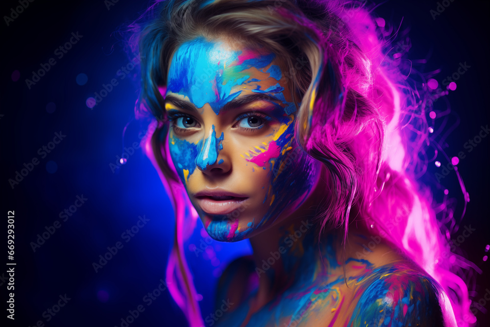 Fototapeta premium UV fluorescent paint beautifully illuminates a young lady's face under the blacklight