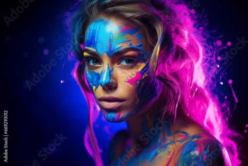 UV fluorescent paint beautifully illuminates a young lady's face under the blacklight
