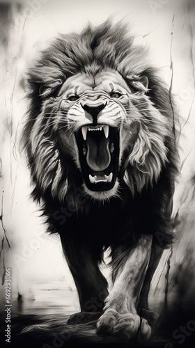 Hyper realistic Lion roaring with king photography image AI generated art photo