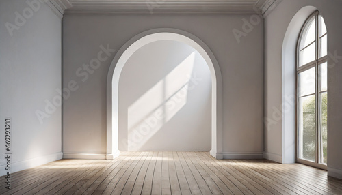 Minimal style empty white arch room interior 3d render, There are wooden floor arch shape window sunlight shine into the room decorated with hidden light on the wall © Beste stock