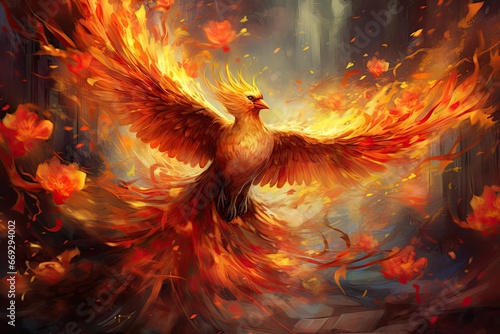 A phoenix, ablaze in fiery reds, oranges, and golds, descends amidst a whirlwind of petals