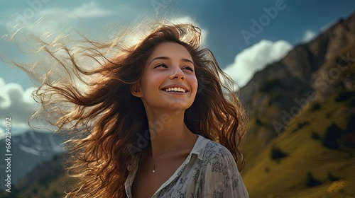 Young joyful woman with loose hair in nature