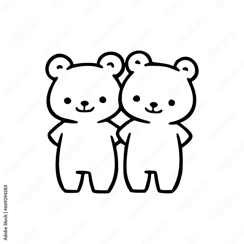 Fototapeta premium Black and white vector illustration of two cute bears hugging, depicting friendship and affection in a minimalist design.