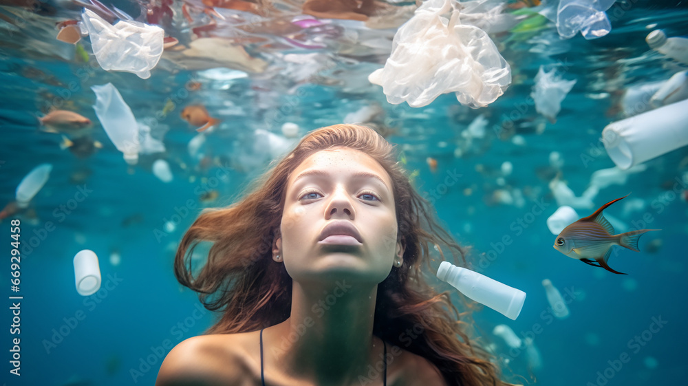 Woman swimming in a polluted sea, sea pollution, ocean pollution, plastic waste in the sea, micro plastic, ecology, protect the ocean, fish swimming in dirty water, environment protection Woman swimming in a polluted sea, sea pollution, ocean pollution, plastic waste in the sea, micro plastic, ecology, protect the ocean, fish swimming in dirty water, environment protection