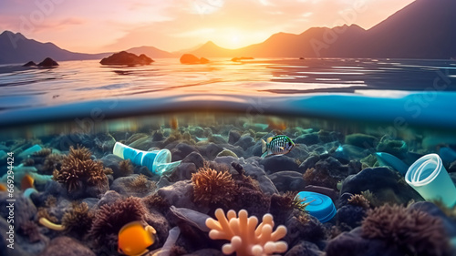 Plastic waste in the sea, polluted beach, underwater picture, plastic bags, pollution in nature, ecology, protect the environment, ecosystem, ocean pollution, micro plastic
