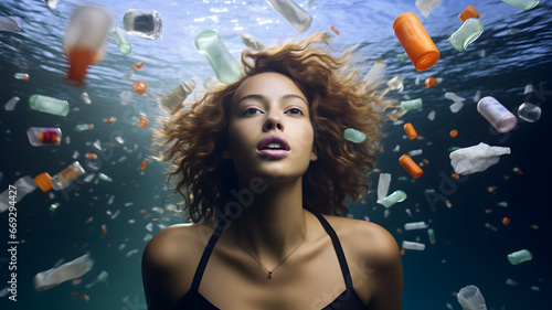 Woman swimming in a polluted sea, sea pollution, ocean pollution, plastic waste in the sea, micro plastic, ecology, protect the ocean, fish swimming in dirty water, environment protection