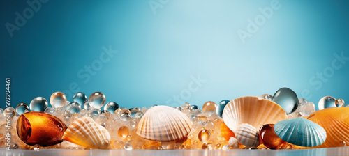 Serene oceanic tableau featuring vibrant seashells, marbles, and a starfish