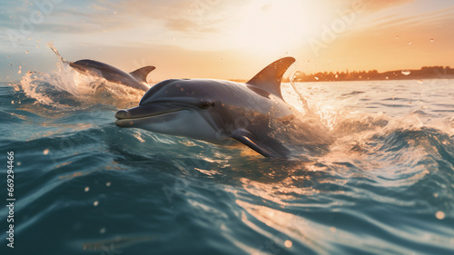 Dolphins swimming in the ocean, jumping over the waves, marine wildlife, sea creature, protect wildlife, ecology and nature protection, animal photography © GrafitiRex