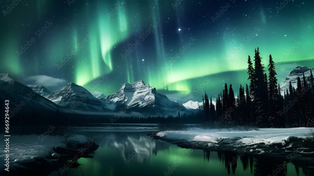 Aurora the Northern or Southern Lights, illuminates the night sky Panoramic Background. Generative Ai illustration 