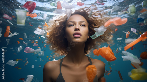 Woman swimming in a polluted sea, sea pollution, ocean pollution, plastic waste in the sea, micro plastic, ecology, protect the ocean, fish swimming in dirty water, environment protection photo
