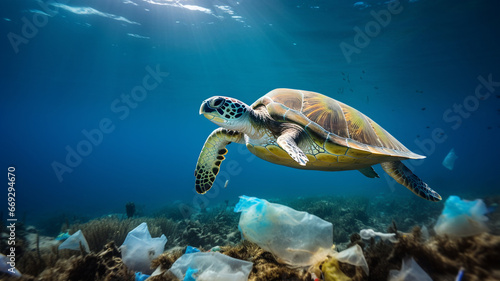 Turtle swimming in a polluted sea, Tortoise, pollution, plastic waste in the ocean, environmental protection, saving wildlife, human waste in nature, ecology, protect the oceans © GrafitiRex