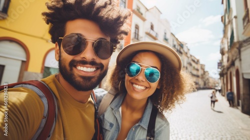 Multiethnic couple traveling in Portugal in summer. Happy young travelers exploring in city. generative ai