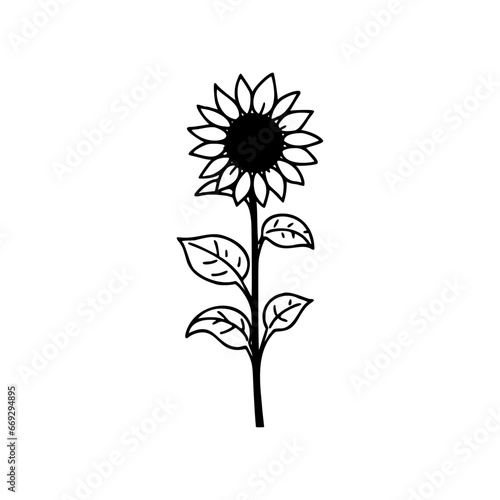 A simple black and white illustration of a sunflower with a simple line art style.