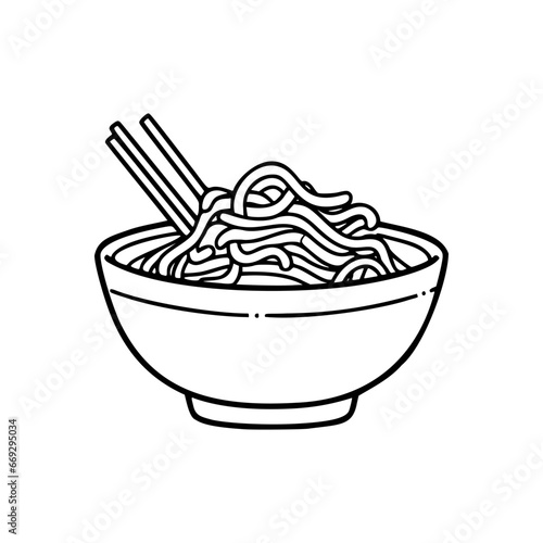 Black and white line drawing of a bowl of noodles with chopsticks, representing Asian cuisine in a minimalist style.