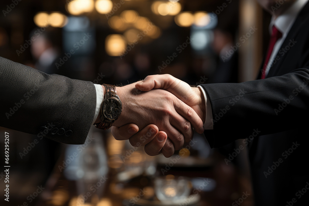 A handshake between two diplomats representing their nations, symbolizing international treaties and alliances. Generative Ai. - obrazy, fototapety, plakaty 