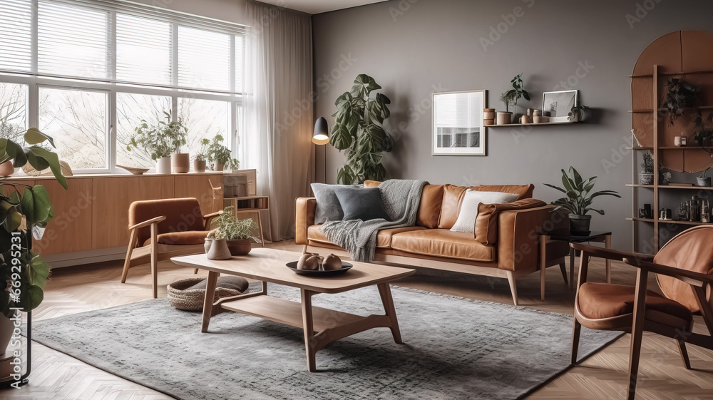 Scandinavian living room with white walls and a warm wood accent wall, Generative AI Scandinavian living room with white walls and a warm wood accent wall, Generative AI