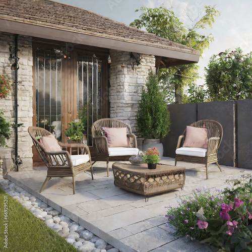 Cozy patio area with garden furniture, 3d render