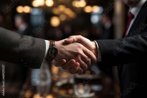 A handshake between two diplomats representing their nations, symbolizing international treaties and alliances. Generative Ai.