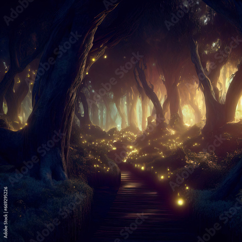 Fantasy forest at night, magic lights and walkway in dark fairytale wood, Surreal mystical fantasy artwork. Generative AI