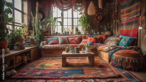 Beautiful bohemian living room interior. Generative AI © lali