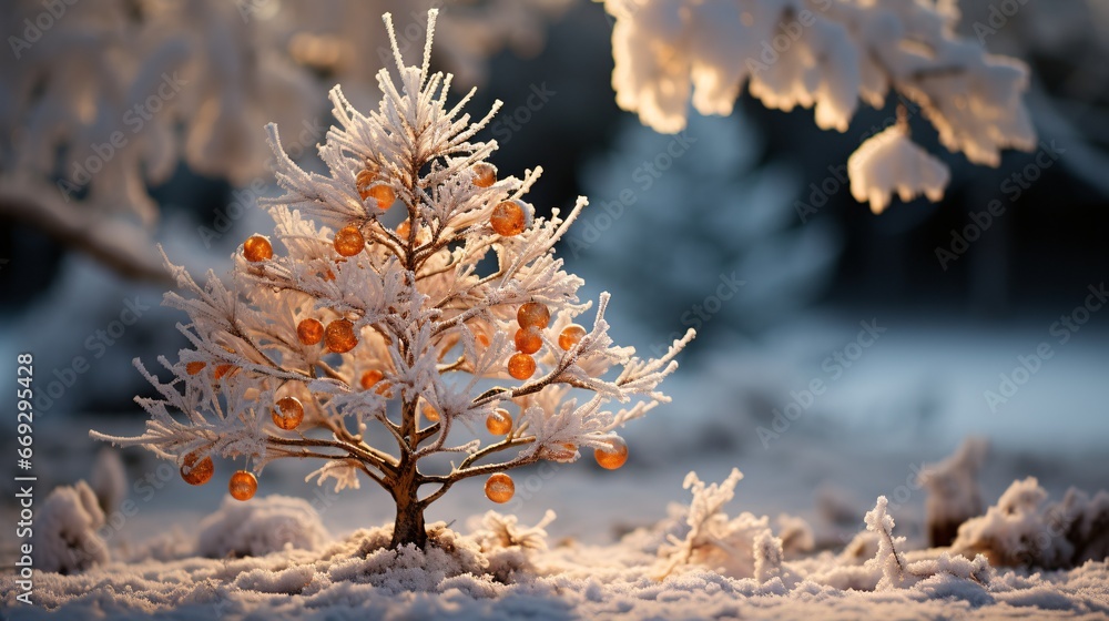 Christmas tree in the winter forest. Beautiful winter landscape with Christmas tree. 