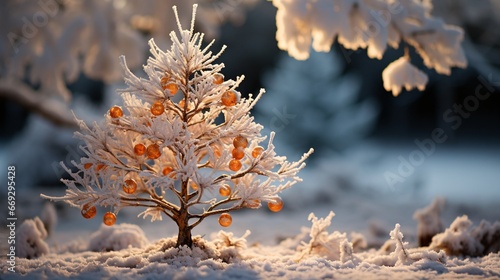 Christmas tree in the winter forest. Beautiful winter landscape with Christmas tree. 