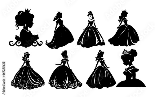 Princess girl silhouette set. Simple black graphic collection. Cartoon style. Vector illustration on a white isolated background