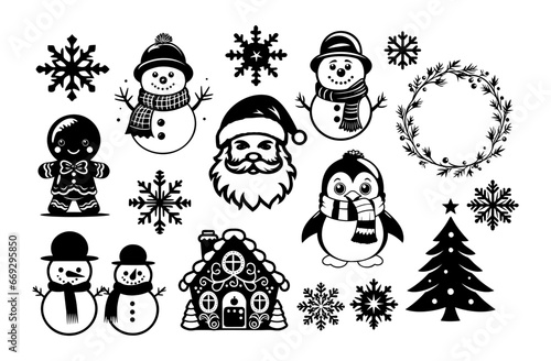 Cute Christmas characters set - snowman, Santa, snowflakes, Christmas tree. Simple vector illustration isolated on a white background.