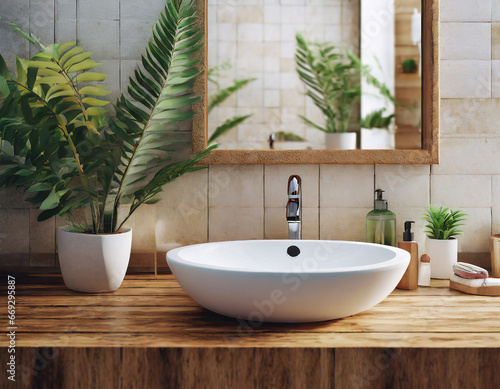 Realistic render of white sink on a wooden countertop in a bathroom interior with tiles  mirror and plants.
