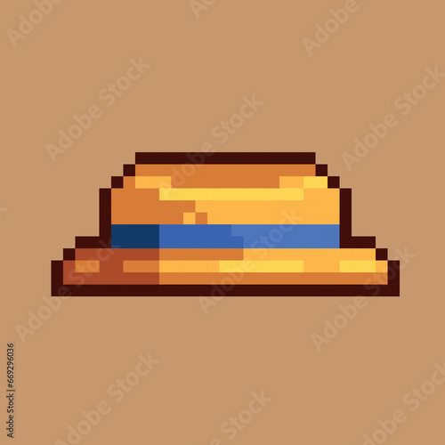 Pixel art illustration straw hat. Pixelated Farmer Straw Hat. Farmer Summer Hat icon pixelated for the pixel art game and icon for website and video game. old school retro. © Karolina