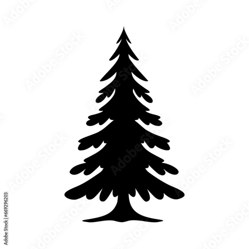 Christmas tree silhouette. Simple black graphic. Cartoon style. Vector illustration on a white isolated background