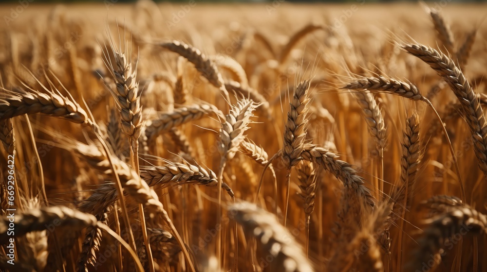 Fototapeta premium Ripe ear of wheat in cultivated field. Close up of wheat ears, field of wheat in a summer day. Harvesting period. Harvest concept. Agriculture concept.