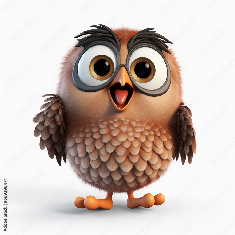 3D cartoon illustration of an owl with a happy face. Isolated on solid background. 3D cartoon illustration of an owl with a happy face. Isolated on solid background.