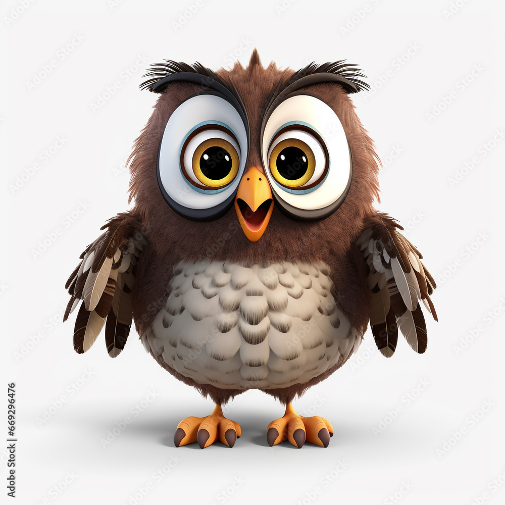 3D cartoon illustration of an owl with a happy face. Isolated on solid background. 3D cartoon illustration of an owl with a happy face. Isolated on solid background.